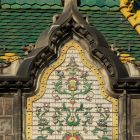 Architectural photograph - battlement with ceramic decoration of the corner dome, Museum of Applied Arts