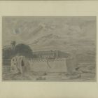 Drawing - the mortuary temple of Seth I., Gurna, the fore a modern Arabian building, backstage the mountains of Thebes