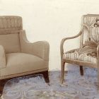 Exhibition photograph - fauteuil and armchair, designed by Károly Bernstein, Christmas Exhibition of The Association of Applied Arts 1900