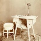 Photograph - Sewing table, seating, table lamp, designed by Béla Pálinkás