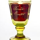 Footed commemorative glass - Spa-cure glass with the inscription 'Füredi / Emlék', with the view of the thermal water well and the bath house in Balatonfüred