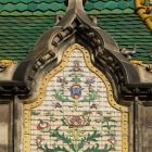 Architectural photograph - battlement with ceramic decoration of the corner dome, Museum of Applied Arts