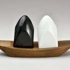 Salt and pepper shaker - With a wooden saucer