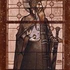 Photograph - stained glass window with Saint Stephen in the chapel of the Roman Catholic Church of Zebegény