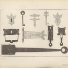 Design sheet - design for ironwork relating to furniture, key escutcheons and keys