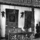 Exhibition photograph - the 'Hungarian Room' of the permament exhibition of Museum of Applied Arts with the painted gallery from the Calvinist church of Sóly