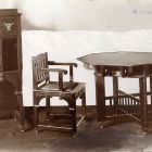 Exhibition photograph - gaming-table and armchair designed by László Gyalus, Christmas Exhibition of The Association of Applied Arts 1901
