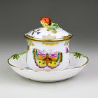 Cup with lid and saucer - With flowering branches and butterfly