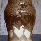 Photograph - Vase with painted decoration with white rooster and hens under trees