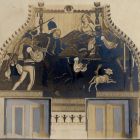 Photograph - Mural design for a school wall, fairy-tale scene with the caption "The shepherd blows his flute - The lamb dances to this - The girl dances on the lamb's fleece"