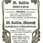Advertisement card - M. Ballin Furniture Factory, Munich