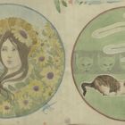 Design - drawn in a circle: girl surrounded by flowers and kittens
